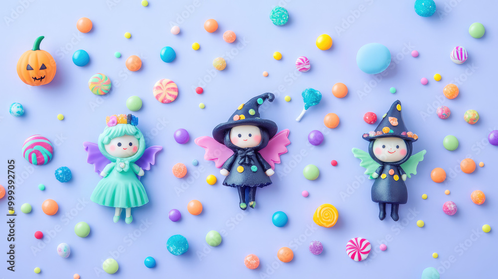 Three little fairies with a lot of colorful candies Three little fairies with a lot of colorful candies