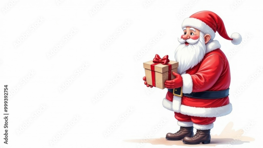 Santa Claus holding a Christmas gift on a white background. Place for text. Christmas, traditions and holiday concept Santa Claus holding a Christmas gift on a white background. Place for text. Christmas, traditions and holiday concept