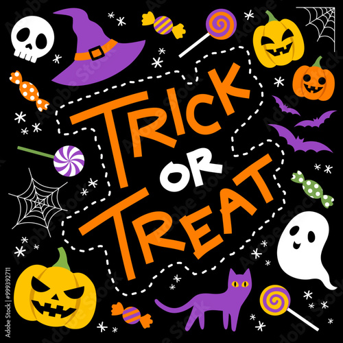 Happy Halloween trick or treat banner with cute elements on black background, pumpkins, ghost, sweets, spider web, skull, cat, witch hat, bats and lettering design at the center.