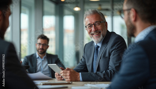 Mature, tablet or portrait of businessman in meeting for brainstorming, teamwork or collaboration for project. Happy, proud or face of confident investor in group for discussion or feedback in office