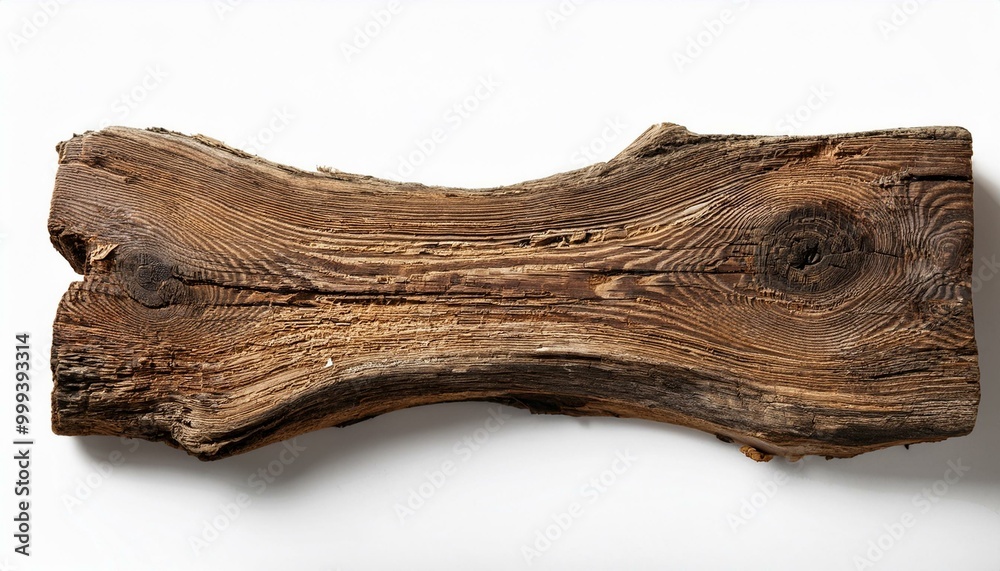 A single rough wooden plank with uneven, splintered edges, isolated on a white background wi A single rough wooden plank with uneven, splintered edges, isolated on a white background wi
