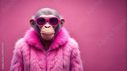 A cool monkey in stylish sunglasses and pink fur coat, posing in front of a pink background