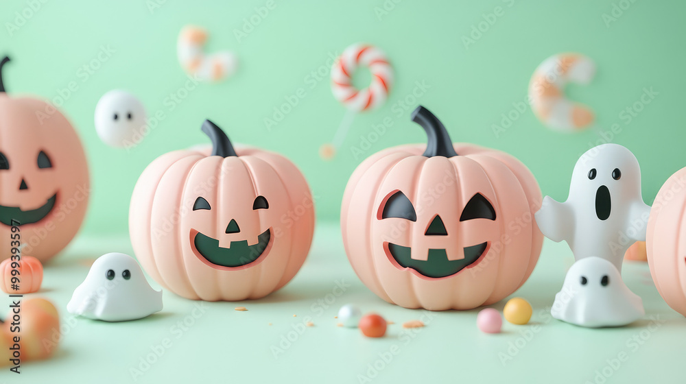 A group of Halloween pumpkins and ghosts are arranged on a green background A group of Halloween pumpkins and ghosts are arranged on a green background