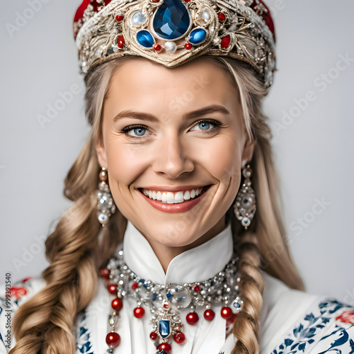 Beautiful Nordic woman on traditional clothes and jewelries smiling to camera   photo