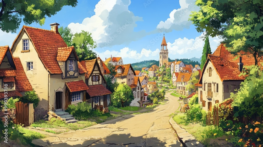 A quaint, sun-drenched European village street with charming houses and a tall tower in the distance. A quaint, sun-drenched European village street with charming houses and a tall tower in the distance.
