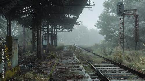 A misty, abandoned train station, featuring overgrown tracks, rusty structures, and a hauntingly tranquil atmosphere. photo