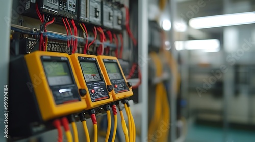 An image featuring testing equipment used for inspecting and diagnosing electrical systems in industrial plants, showcasing multimeters and oscilloscopes. 