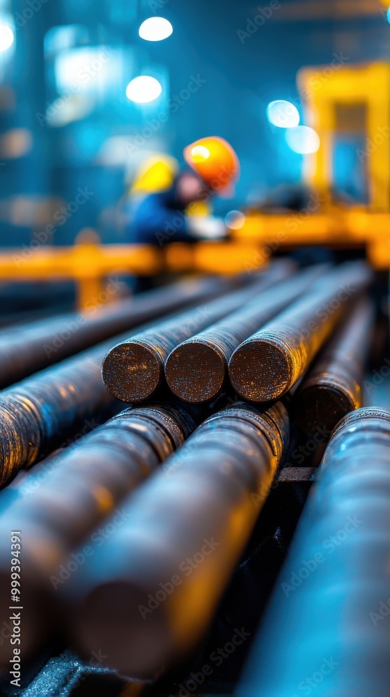 Steel rods in a factory, blue lighting and industrial setting. Steel rods in a factory, blue lighting and industrial setting.