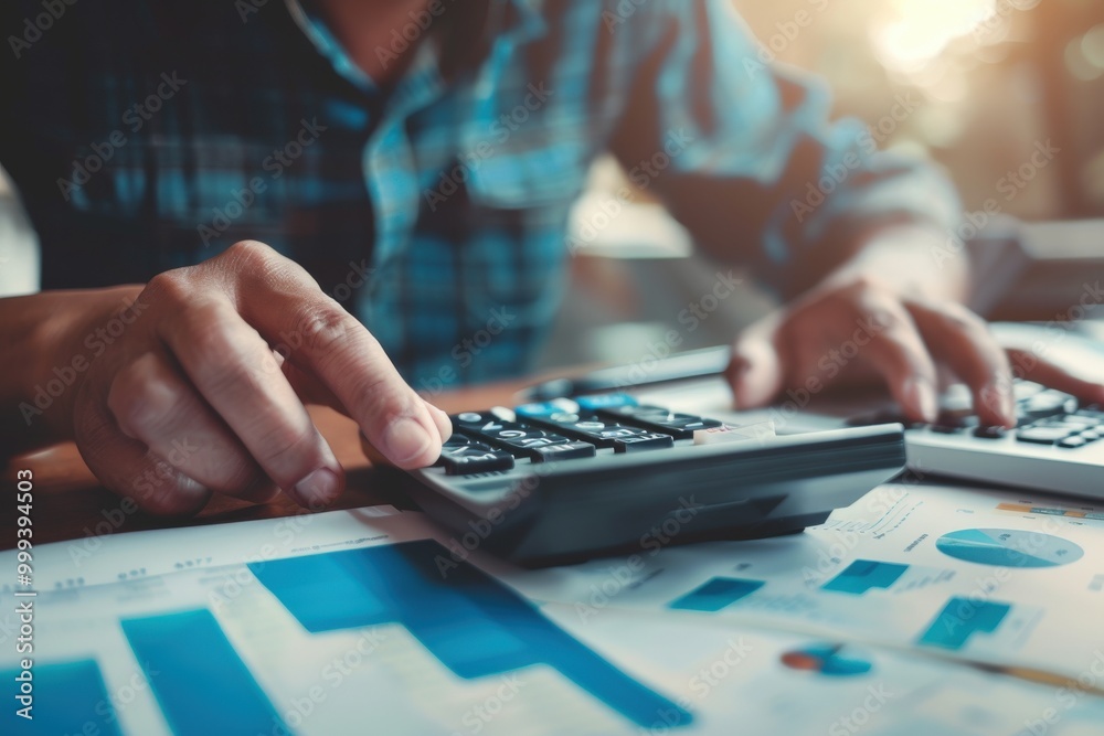 A man is sitting at a desk with a calculator and a pen,generative ai image A man is sitting at a desk with a calculator and a pen,generative ai image