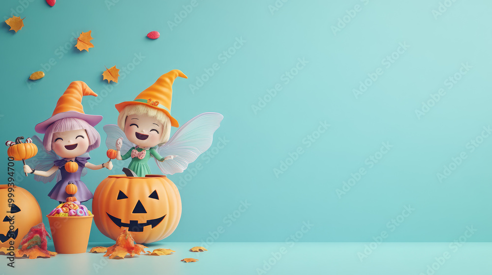 A blue background with two girls in orange hats and green wings A blue background with two girls in orange hats and green wings