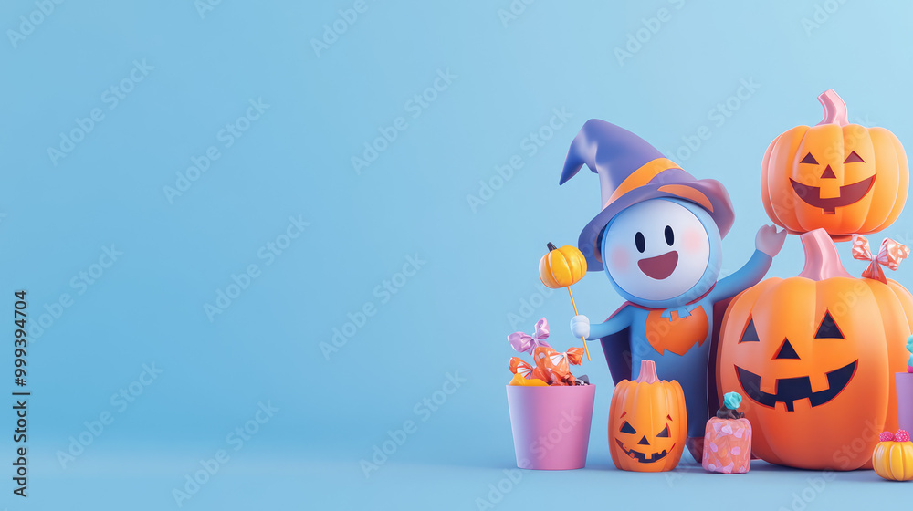 A cartoon character is holding a pumpkin and a candy cane A cartoon character is holding a pumpkin and a candy cane