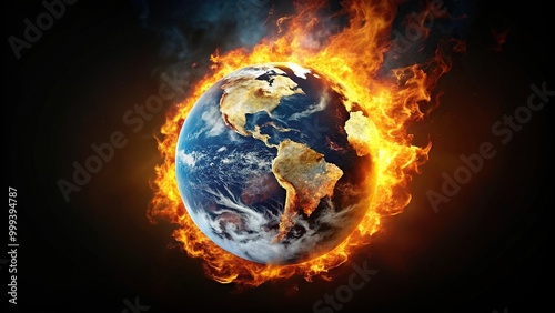 A dramatic aerial view of the Earth engulfed in flames against a dark background