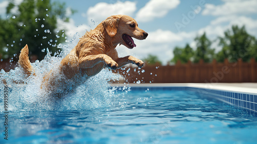 A dog jumping into a swimming pool during a hot summer day with water splashing everywhere