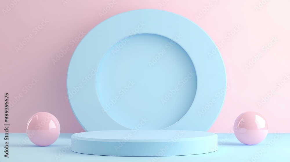 Abstract Pastel Blue and Pink Geometric Shapes with a Platform Abstract Pastel Blue and Pink Geometric Shapes with a Platform