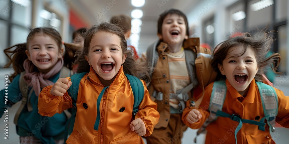 Fototapeta premium Joyful kids run down school hallway, modern background