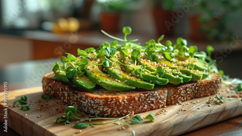 Close-up of healthy avocado toast on a beautifully arranged and appetizing dining table. European style food. photo