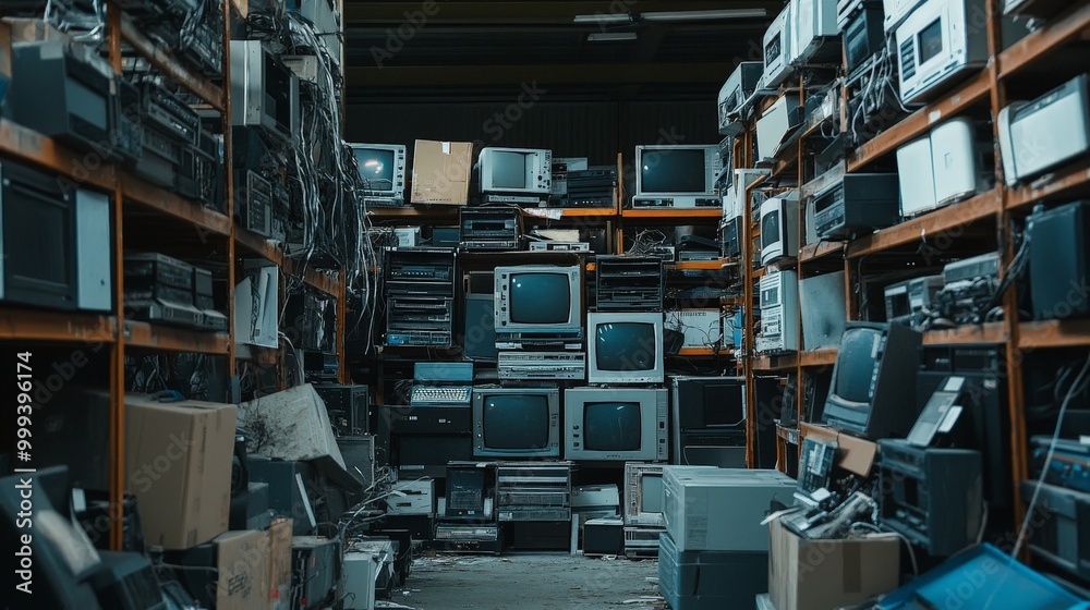 An e-waste recycling facility where old electronics such as computers, smartphones, and televisions are dismantled and recycled. An e-waste recycling facility where old electronics such as computers, smartphones, and televisions are dismantled and recycled.