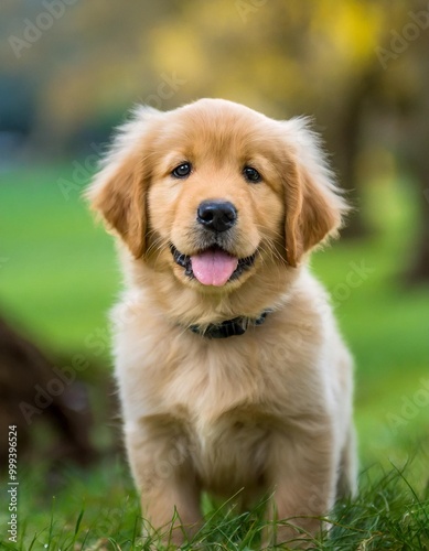 Isolated golden retriever puppy with depth of field showcasing fluffy fur and playful expression