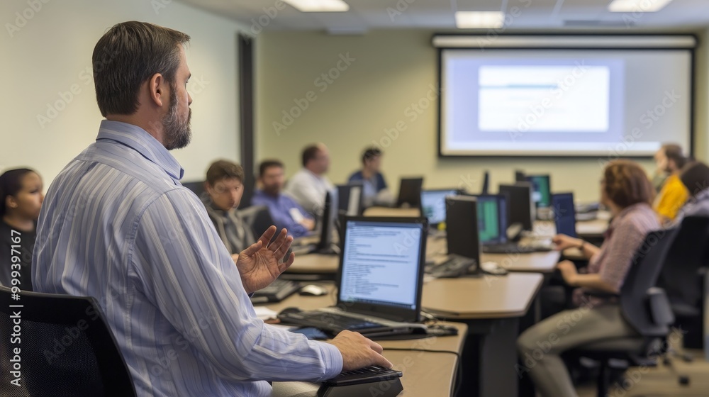 An IT training session where participants learn about network security, cloud computing, and software development. An IT training session where participants learn about network security, cloud computing, and software development.