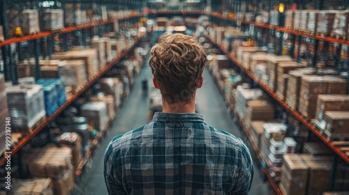 warehouse supervisor overseeing operations on a mezzanine level, looking out over the bustling activities below, emphasizing management and coordination