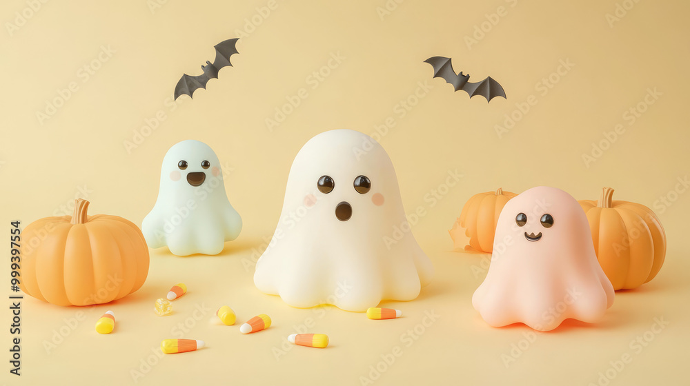 Halloween themed scene with three ghosts and two pumpkins Halloween themed scene with three ghosts and two pumpkins