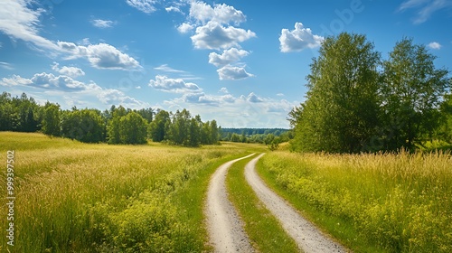 A winding dirt road leads through a lush green meadow with a blue sky and fluffy clouds.