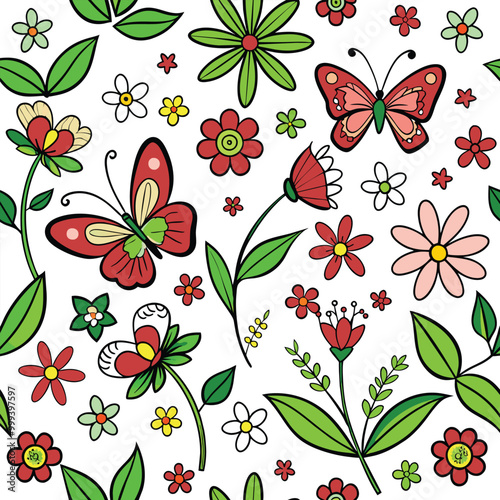 Delicate butterflies flutter among a variety of whimsical flowers creating a joyful and colorful seamless pattern inspired by natures charm
