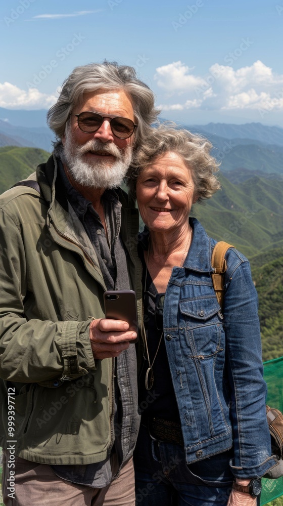 A couple smiles for a photo while taking in the view. AI.