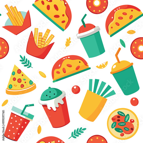 A vibrant collection of various foods including pizza slices cold drinks French fries and chicken fries arranged in an eye catching pattern