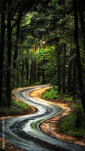 A winding road surrounded by lush green trees, inviting adventure and exploration in a tranquil forest setting.