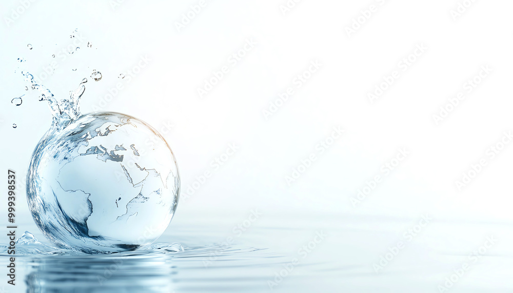 Clear globe splashing water, symbolizing purity and environmental awareness, isolated on a soft white background for a serene effect.