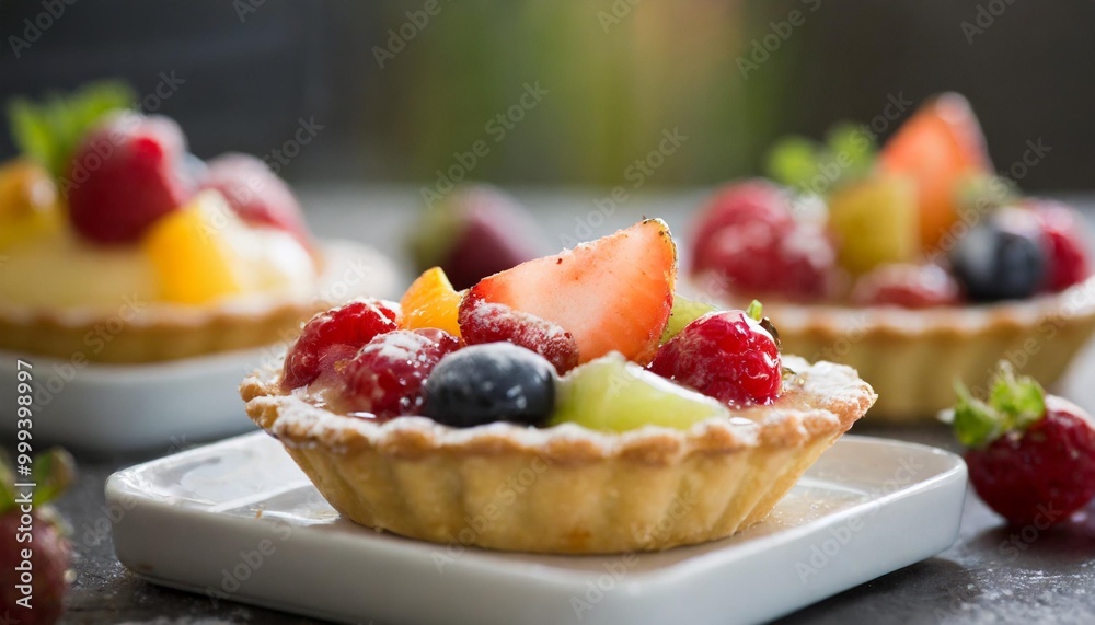 Classic fruit tarts with depth of field showcasing fresh fruits and buttery crusts Classic fruit tarts with depth of field showcasing fresh fruits and buttery crusts