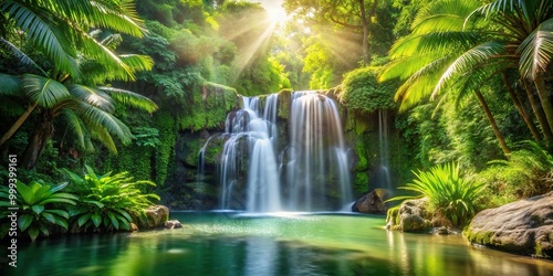 A serene waterfall oasis with lush green foliage bathed in tranquil sunlight, capturing the essence of tropical paradise