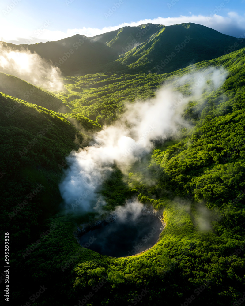 Aerial view of a lush green landscape featuring a steaming crater surrounded by mountains and mist, highlighting the beauty of nature's geothermal activity. Aerial view of a lush green landscape featuring a steaming crater surrounded by mountains and mist, highlighting the beauty of nature's geothermal activity.