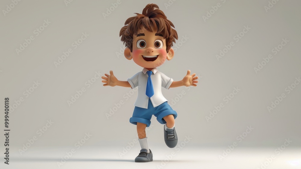 A cute 3D cartoon image of a school boy wearing a school uniform, a white shirt and blue pants, on a clean white background to convey the message of studying and going to school. A cute 3D cartoon image of a school boy wearing a school uniform, a white shirt and blue pants, on a clean white background to convey the message of studying and going to school.