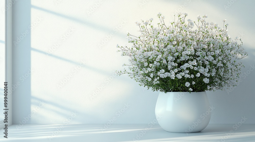 A white vase filled with small white flowers on a table. A white vase filled with small white flowers on a table.