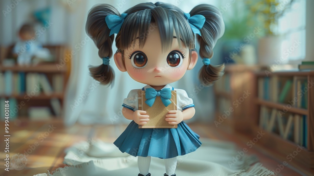 A cute 3D cartoon image of a school girl wearing a school uniform, a white shirt, and blue pants, on a clean white background to convey the message of studying and going to school. A cute 3D cartoon image of a school girl wearing a school uniform, a white shirt, and blue pants, on a clean white background to convey the message of studying and going to school.