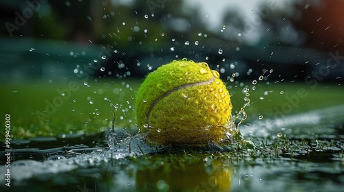 Close-up photo of tennis ball, and tennis racket on the court after a match, after a hard training session. This is another popular and energetic sport.