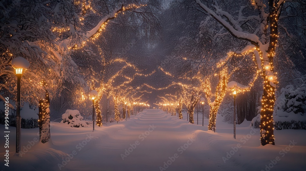 A serene winter pathway illuminated by glowing lights, surrounded by snow-covered trees, evoking a magical holiday atmosphere. A serene winter pathway illuminated by glowing lights, surrounded by snow-covered trees, evoking a magical holiday atmosphere.