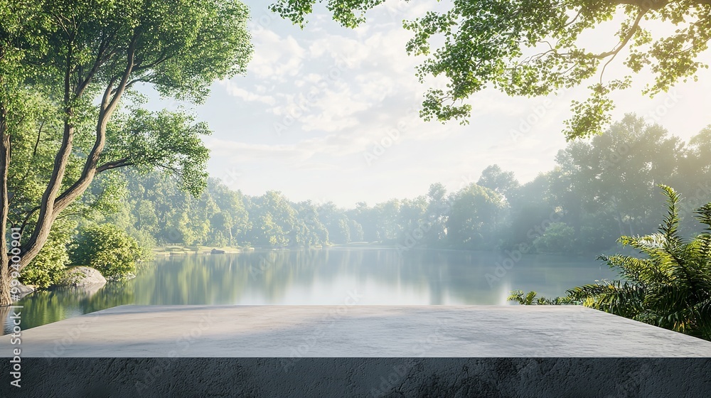 A serene landscape with a marble platform reflecting in calm waters surrounded by trees. A serene landscape with a marble platform reflecting in calm waters surrounded by trees.