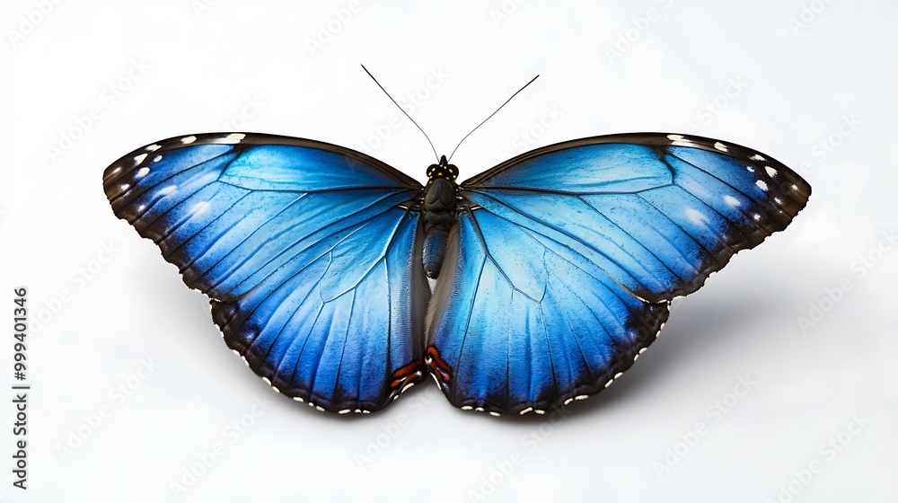 A blue butterfly with spread wings isolated on white background. A blue butterfly with spread wings isolated on white background.