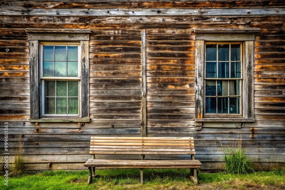 Abandoned wooden building with bench in front Abandoned wooden building with bench in front