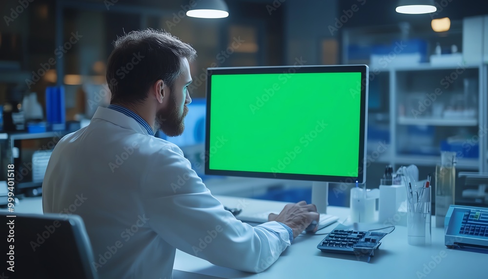 White lab coat scientist using green screen computer, advanced medical lab environment, focusing on healthcare research and analysis, hightech hospital White lab coat scientist using green screen computer, advanced medical lab environment, focusing on healthcare research and analysis, hightech hospital