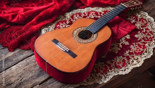 Arte y cultura española. Guitarra clásica sobre hermosa mantilla de terciopelo rojo con fondo de madera vieja. Con espacio de copia. Ilustración