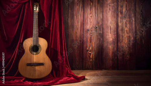 Arte y cultura española. Guitarra clásica sobre hermosa mantilla de terciopelo rojo con fondo de madera vieja. Con espacio de copia. Ilustración