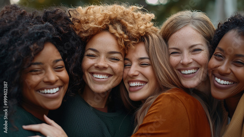 Diverse Group of Women Embracing and Smiling Together in a Warm and Supportive Setting