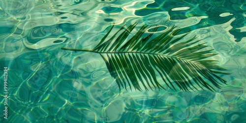 A palm frond casts a shadow over the glistening, rippling surface of a pool on a sunny day, highlighting serene water patterns photo