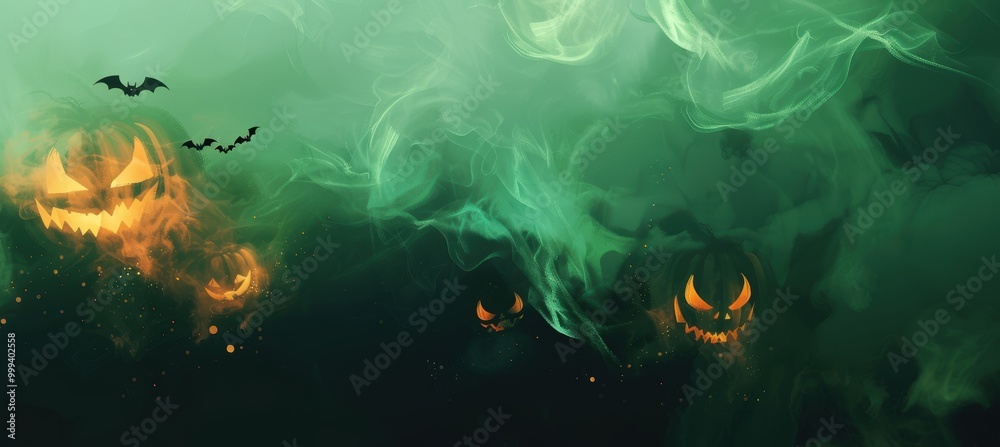 Fototapeta premium Spooky Halloween Abstract Art with Glowing Jack-o'-Lanterns and Swirling Green Mist