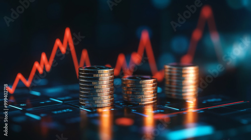 Wealth, money, and profit strategy depicted through a graph representing success in financial business. A 3D background illustrating finance investment, cash, currency earnings, and growth arrows indi photo