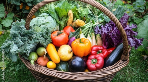 A basket full of freshly picked vegetables from the garden, representing the harvest season.